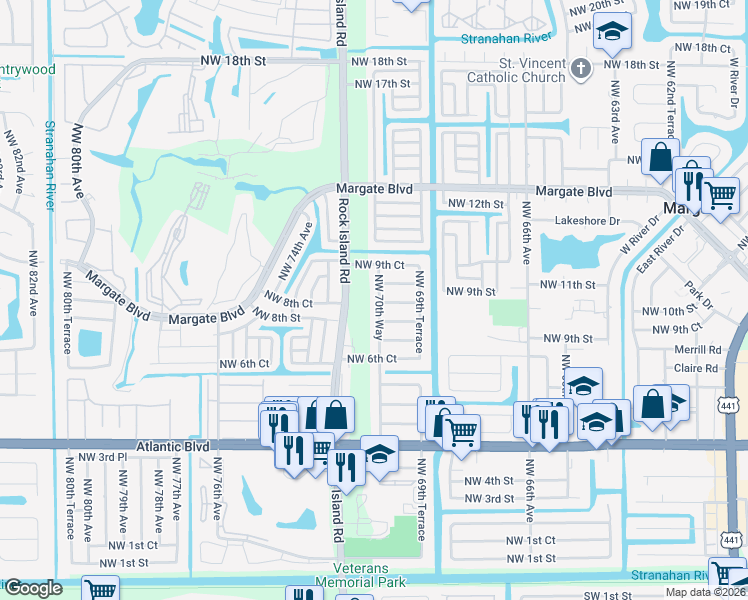 map of restaurants, bars, coffee shops, grocery stores, and more near 849 Northwest 70th Way in Margate