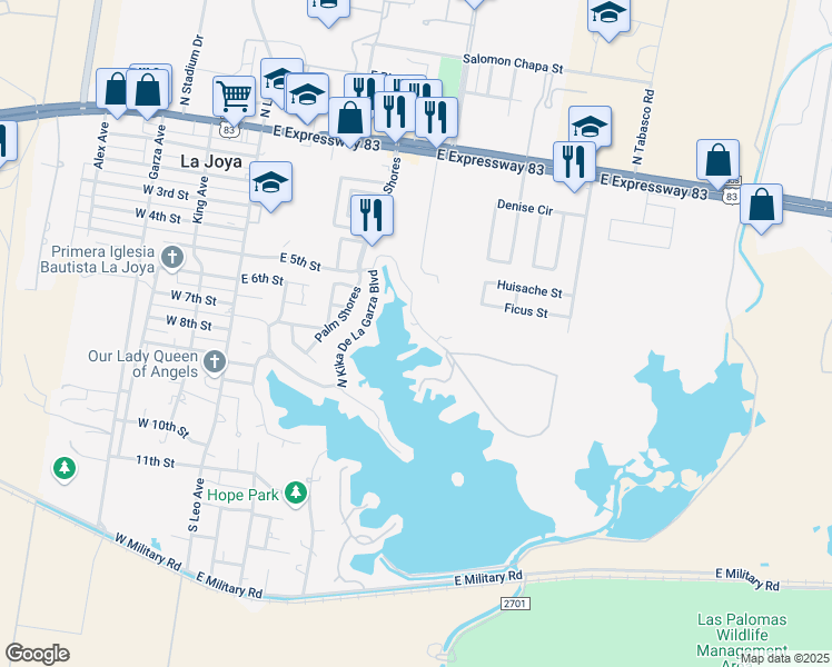 map of restaurants, bars, coffee shops, grocery stores, and more near 205 North Kika De La Garza Boulevard in La Joya