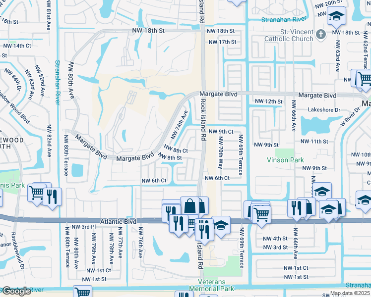 map of restaurants, bars, coffee shops, grocery stores, and more near 7245 Northwest 8th Court in Margate