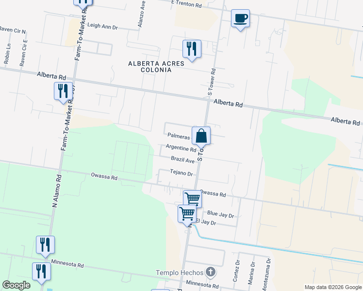 map of restaurants, bars, coffee shops, grocery stores, and more near 6617 Argentine Road in Edinburg