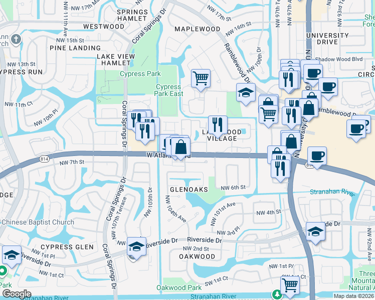 map of restaurants, bars, coffee shops, grocery stores, and more near 10204 Harbor Inn Drive in Coral Springs