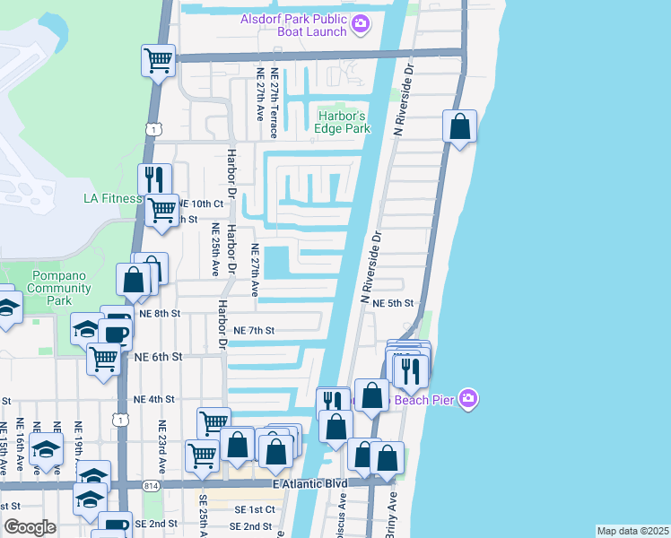 map of restaurants, bars, coffee shops, grocery stores, and more near 2870 Northeast 9th Street in Pompano Beach