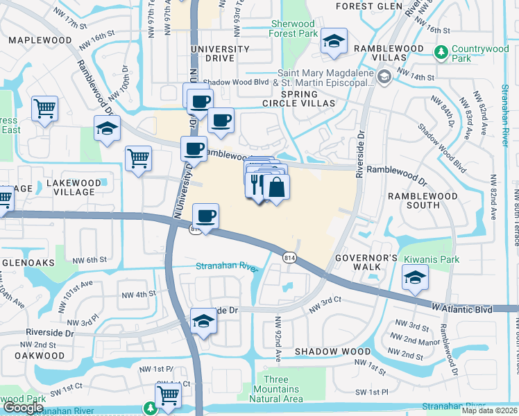 map of restaurants, bars, coffee shops, grocery stores, and more near West Atlantic Boulevard in Coral Springs