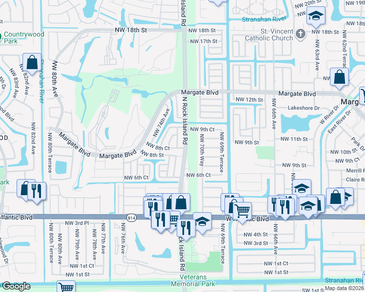 map of restaurants, bars, coffee shops, grocery stores, and more near 1005 North Rock Island Road in Margate