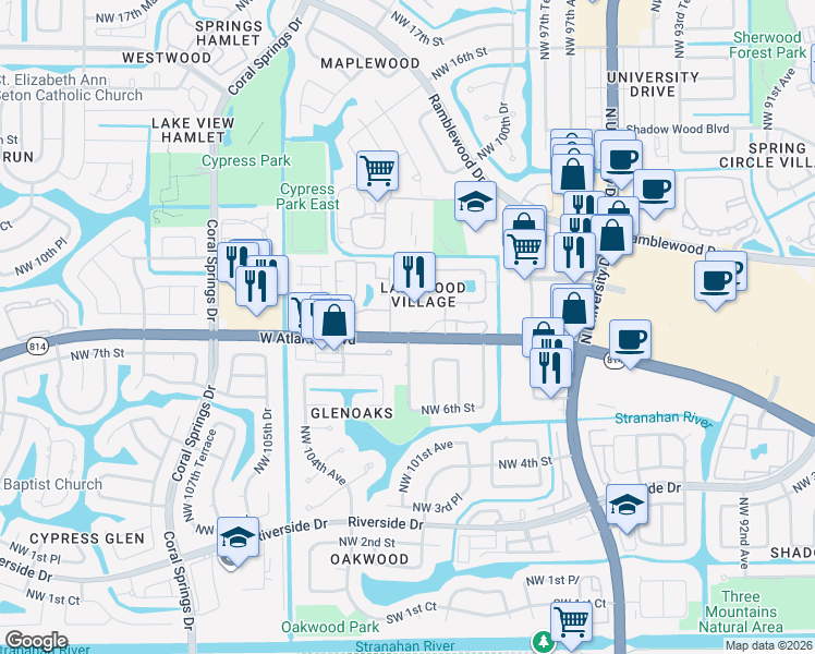 map of restaurants, bars, coffee shops, grocery stores, and more near 814 Harbor Inn Terrace in Coral Springs
