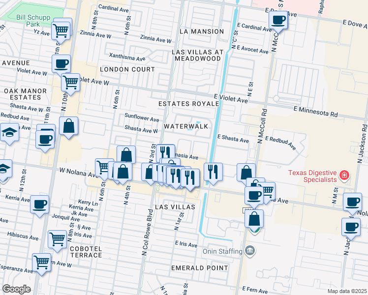 map of restaurants, bars, coffee shops, grocery stores, and more near 121 Quamasia Avenue in McAllen