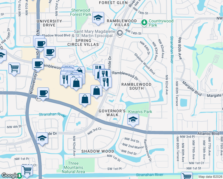map of restaurants, bars, coffee shops, grocery stores, and more near 755 Riverside Drive in Coral Springs