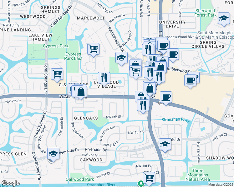 map of restaurants, bars, coffee shops, grocery stores, and more near 9953 West Atlantic Boulevard in Coral Springs