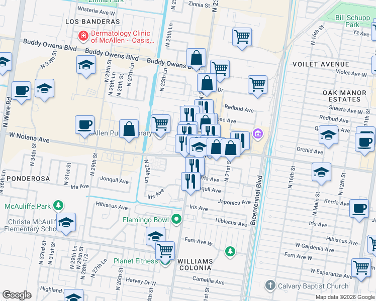 map of restaurants, bars, coffee shops, grocery stores, and more near 2300 West Nolana Avenue in McAllen