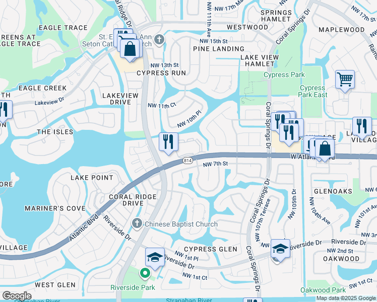 map of restaurants, bars, coffee shops, grocery stores, and more near 11295 West Atlantic Boulevard in Coral Springs
