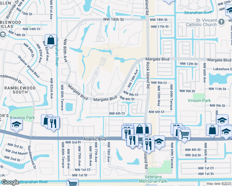 map of restaurants, bars, coffee shops, grocery stores, and more near a29a Golf Circle Drive in Margate