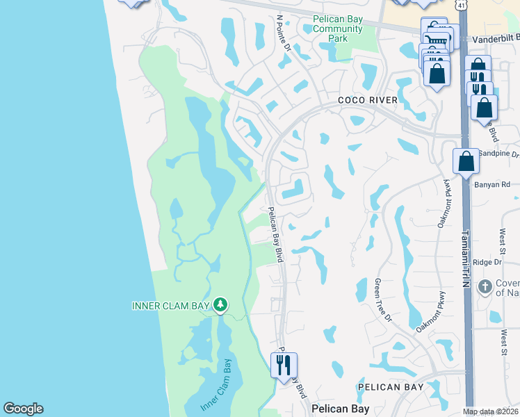 map of restaurants, bars, coffee shops, grocery stores, and more near 7200 Pelican Bay Boulevard in Naples