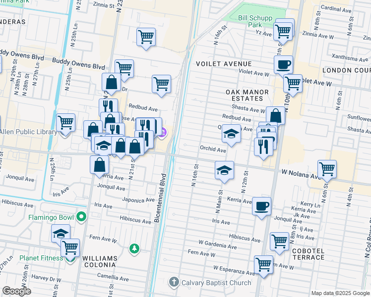 map of restaurants, bars, coffee shops, grocery stores, and more near 1713 Orchid Avenue in McAllen