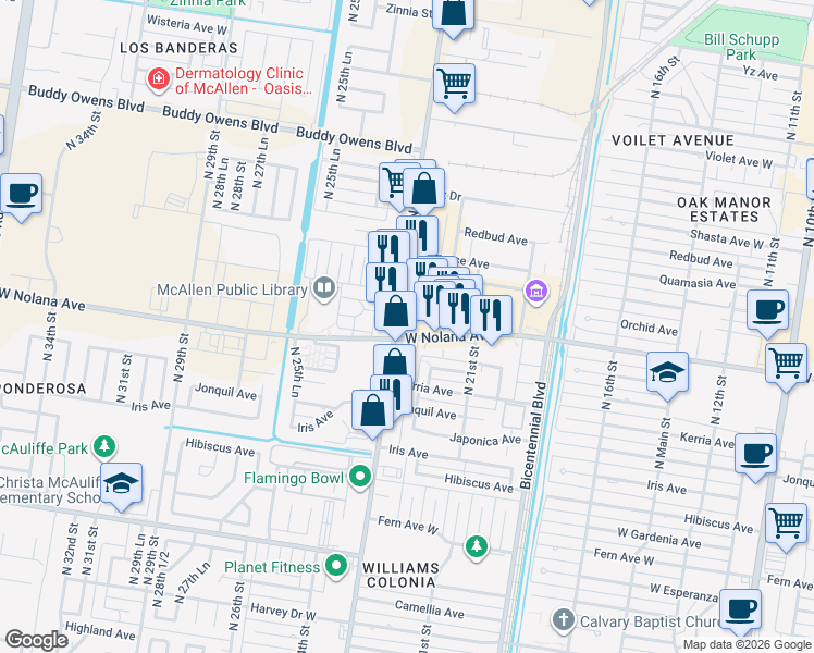 map of restaurants, bars, coffee shops, grocery stores, and more near 2300 West Nolana Avenue in McAllen