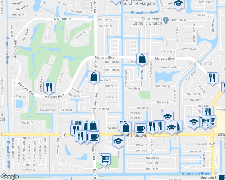 map of restaurants, bars, coffee shops, grocery stores, and more near 6933 Northwest 8th Court in Margate