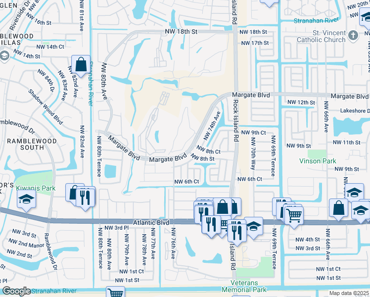 map of restaurants, bars, coffee shops, grocery stores, and more near a29a Golf Circle Drive in Margate