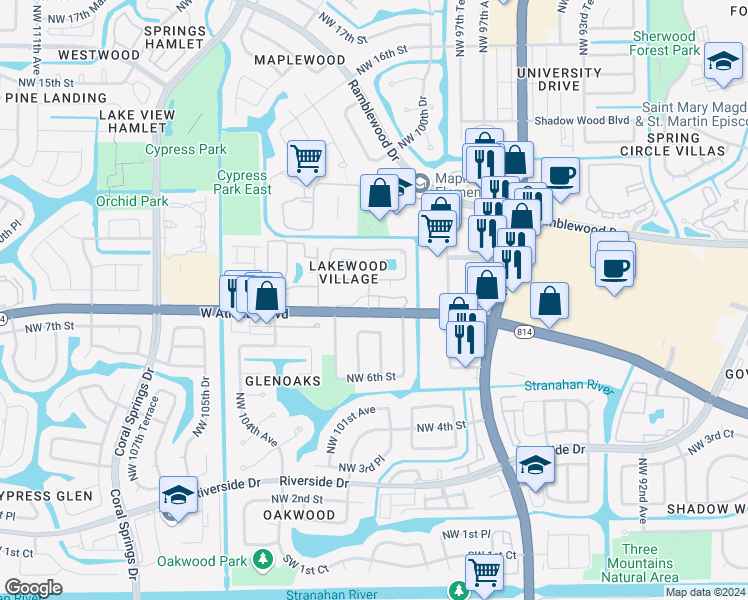 map of restaurants, bars, coffee shops, grocery stores, and more near 9953 West Atlantic Boulevard in Coral Springs
