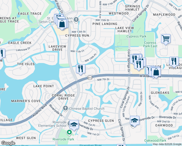 map of restaurants, bars, coffee shops, grocery stores, and more near 11295 West Atlantic Boulevard in Coral Springs