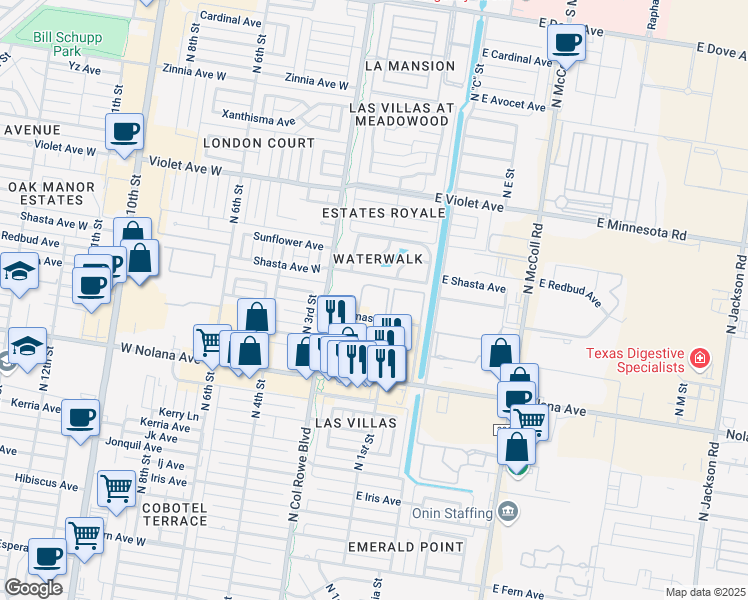 map of restaurants, bars, coffee shops, grocery stores, and more near 121 East Quamasia Avenue in McAllen