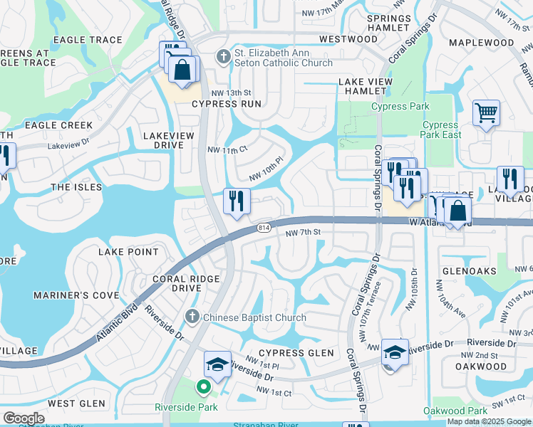 map of restaurants, bars, coffee shops, grocery stores, and more near 11299 Eagle Nest Drive in Coral Springs
