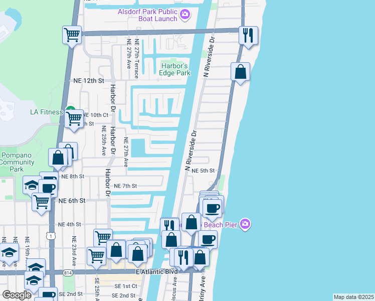 map of restaurants, bars, coffee shops, grocery stores, and more near 555 North Riverside Drive in Pompano Beach