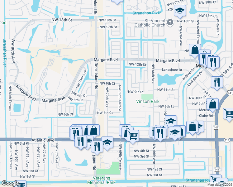 map of restaurants, bars, coffee shops, grocery stores, and more near 6933 Northwest 8th Court in Margate