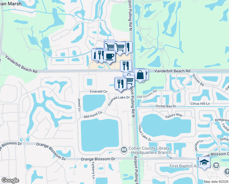 map of restaurants, bars, coffee shops, grocery stores, and more near 7791 Esmeralda Way in Naples