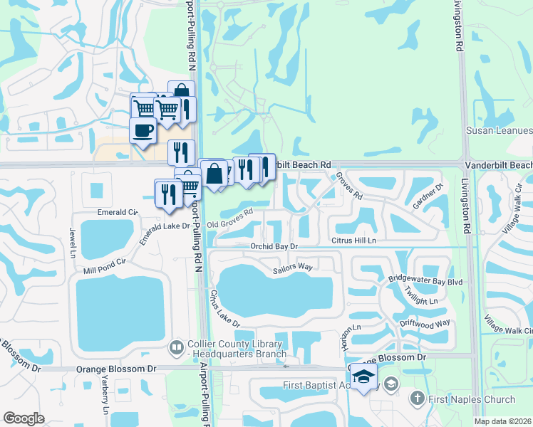 map of restaurants, bars, coffee shops, grocery stores, and more near 2475 Old Groves Road in Naples