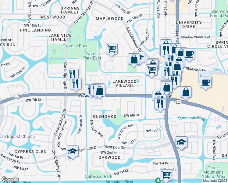 map of restaurants, bars, coffee shops, grocery stores, and more near 814 Harbor Inn Terrace in Coral Springs