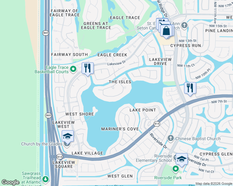 map of restaurants, bars, coffee shops, grocery stores, and more near 12137 Northwest 9th Drive in Coral Springs