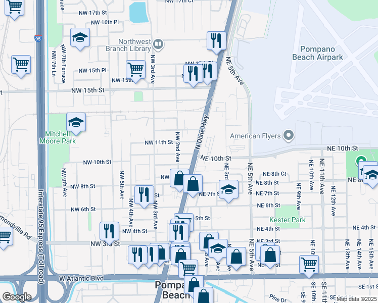 map of restaurants, bars, coffee shops, grocery stores, and more near 121 Northwest 10th Street in Pompano Beach