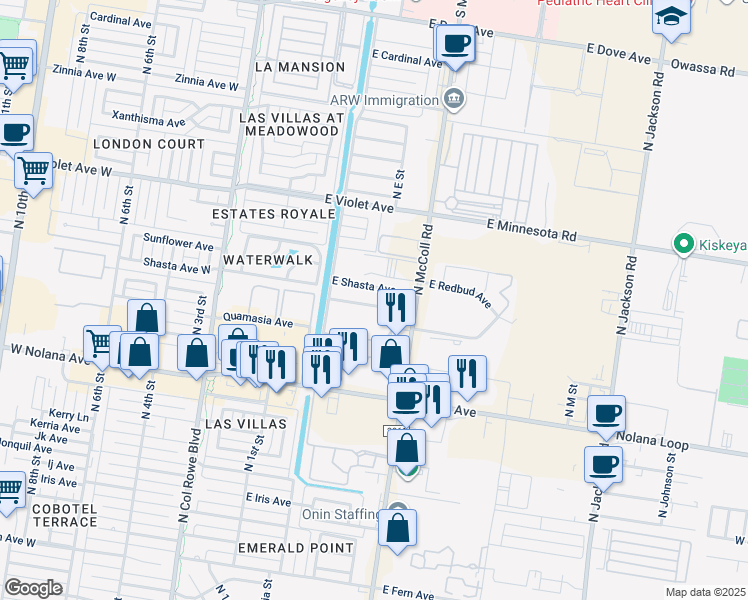 map of restaurants, bars, coffee shops, grocery stores, and more near 509 East Redbud Avenue in McAllen