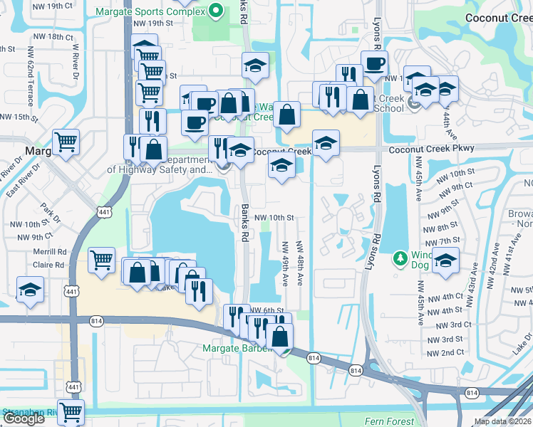 map of restaurants, bars, coffee shops, grocery stores, and more near 4963 Northwest 10th Street in Coconut Creek