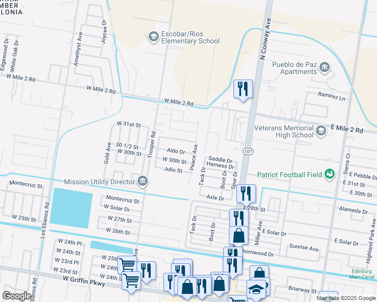 map of restaurants, bars, coffee shops, grocery stores, and more near 608 Aldo Drive in Mission