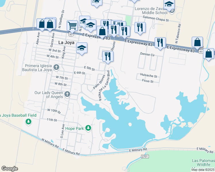 map of restaurants, bars, coffee shops, grocery stores, and more near 701 North Kika De La Garza Boulevard in La Joya