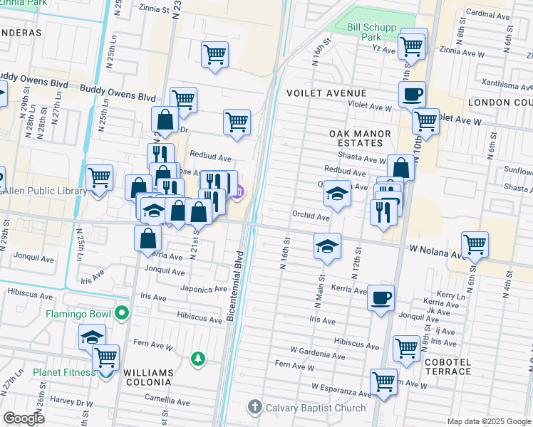 map of restaurants, bars, coffee shops, grocery stores, and more near 1713 Orchid Avenue in McAllen