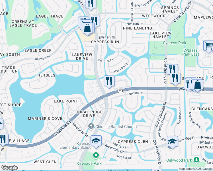 map of restaurants, bars, coffee shops, grocery stores, and more near 807 Coral Ridge Drive in Coral Springs
