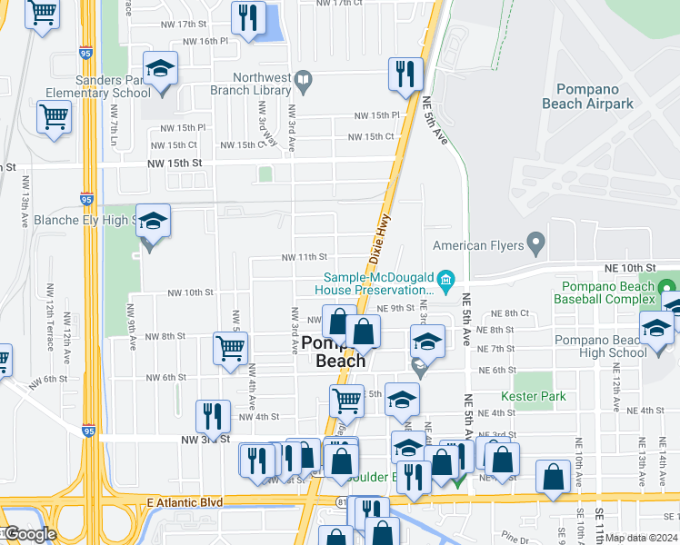 map of restaurants, bars, coffee shops, grocery stores, and more near 141 Northwest 10th Street in Pompano Beach