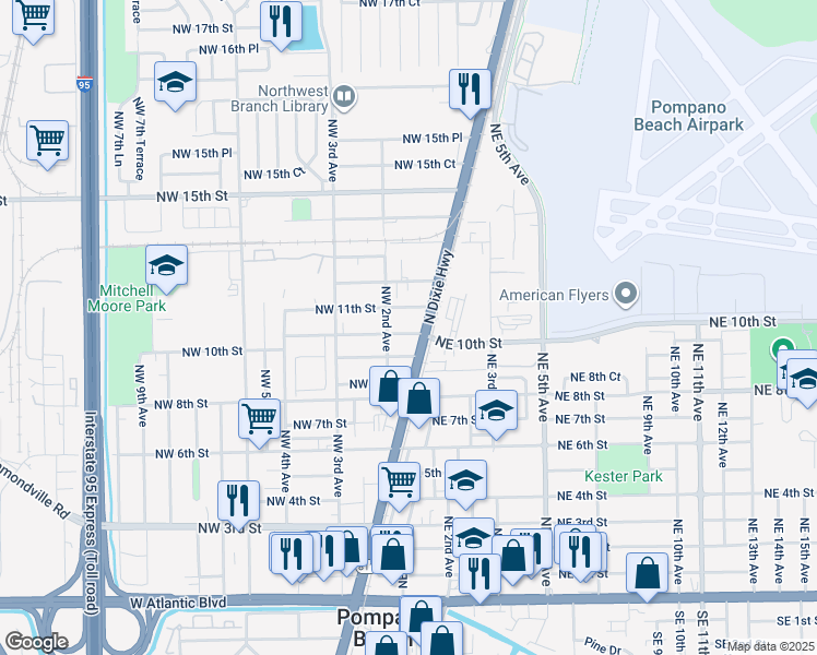 map of restaurants, bars, coffee shops, grocery stores, and more near 121 Northwest 10th Street in Pompano Beach