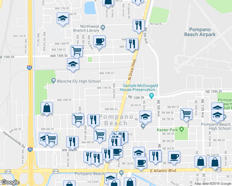 map of restaurants, bars, coffee shops, grocery stores, and more near 121 Northwest 10th Street in Pompano Beach