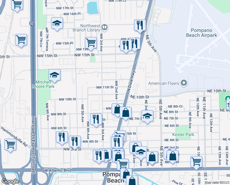 map of restaurants, bars, coffee shops, grocery stores, and more near 213 Northwest 10th Street in Pompano Beach