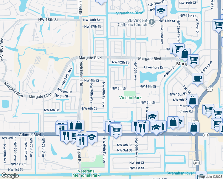 map of restaurants, bars, coffee shops, grocery stores, and more near 6870 Northwest 9th Street in Margate