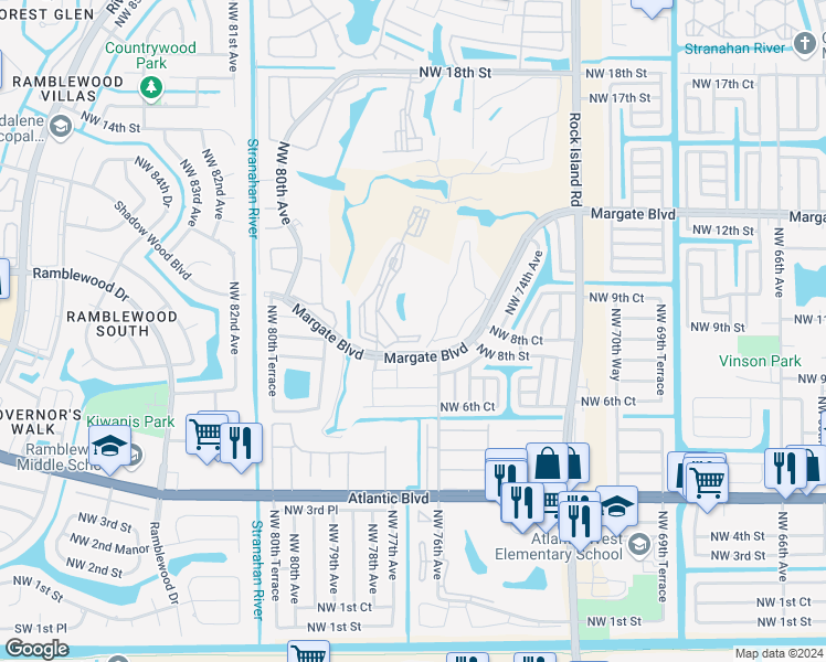 map of restaurants, bars, coffee shops, grocery stores, and more near b26 Golf Circle Drive in Margate