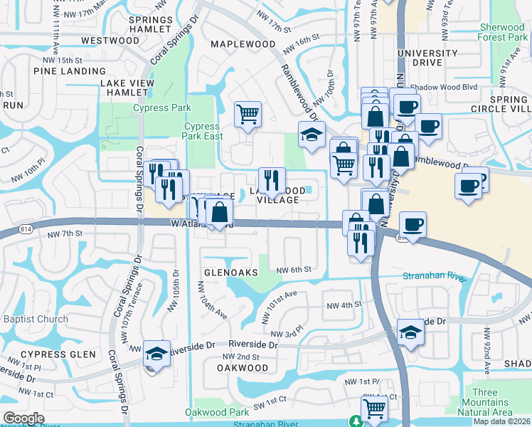 map of restaurants, bars, coffee shops, grocery stores, and more near 814 Harbor Inn Terrace in Coral Springs