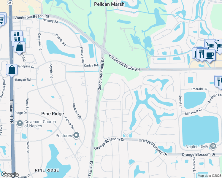 map of restaurants, bars, coffee shops, grocery stores, and more near 7152 Lemuria Circle in Naples