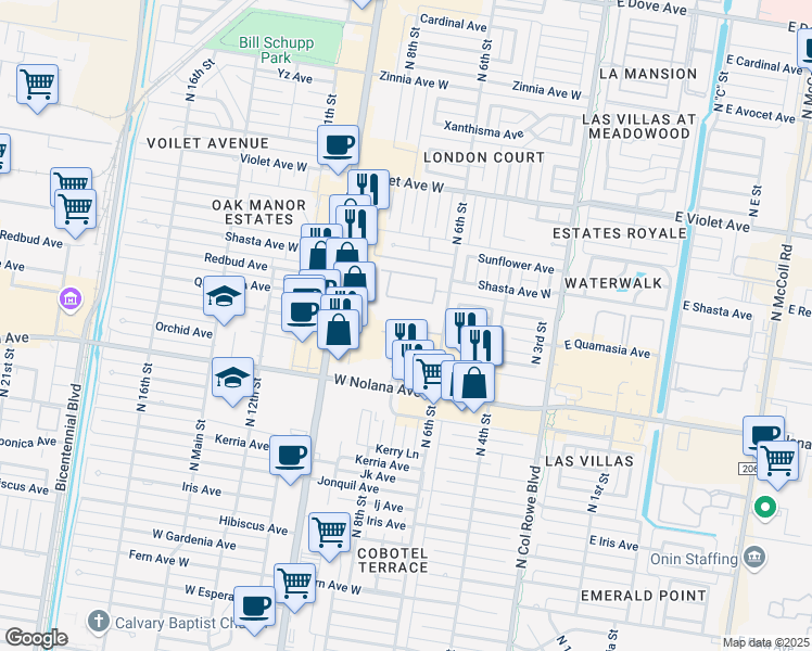 map of restaurants, bars, coffee shops, grocery stores, and more near 4413 North 6th Street in McAllen