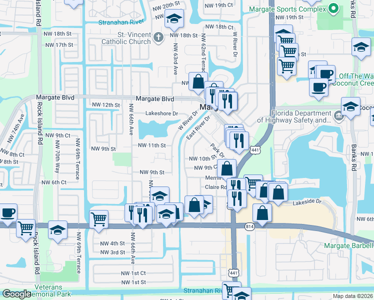 map of restaurants, bars, coffee shops, grocery stores, and more near 1008 East River Drive in Margate