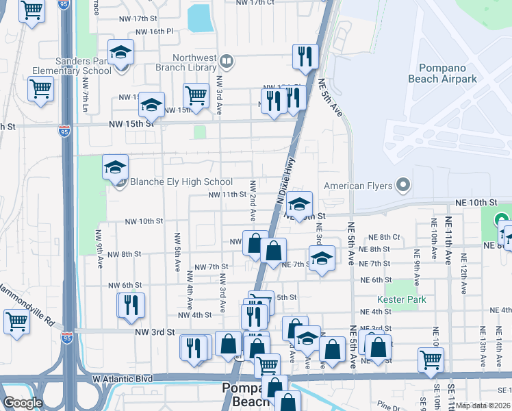 map of restaurants, bars, coffee shops, grocery stores, and more near 213 Northwest 10th Street in Pompano Beach
