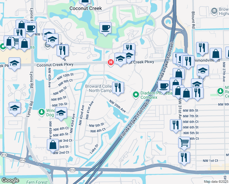 map of restaurants, bars, coffee shops, grocery stores, and more near Coconut Creek Boulevard in Coconut Creek