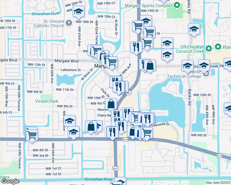 map of restaurants, bars, coffee shops, grocery stores, and more near 1031 Park Drive in Margate